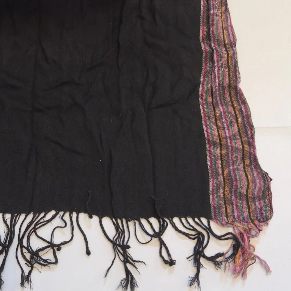 Cejon Black Viscose Scarf Multi Color Metallic Striped Border Fringe Wrap India